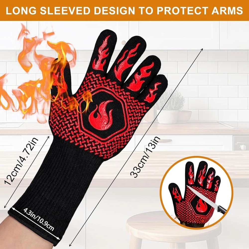 Ksvaye karščiui atsparios pirštinės kepsninei, atsparios karščiui iki 800 °c, ugniai atsparios pirštinės, karščiui atsparios pirštinės, kepimo pirštinės, orkaitės pirštinės kepimui, kepsninėms, virtuvei, kepsninėms lauke (juodos)