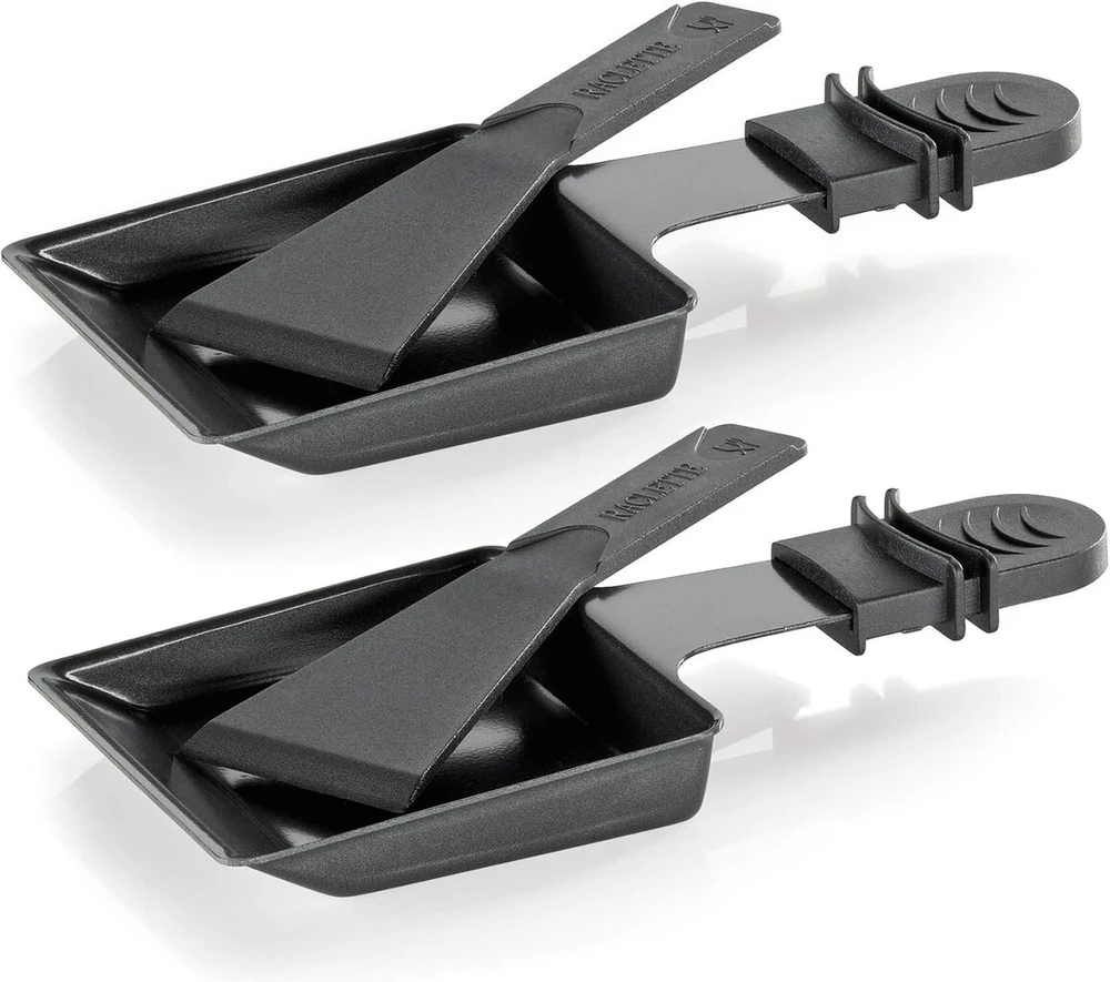 Sumuštinių keptuvas Küchenprofi raclette keptuvė su raclette grandikliu, 2 vnt. rinkinys, 2 nelimpančios keptuvės, termoizoliuotos rankenos, 2 grandikliai, 9 x 9 cm, su rankena: 18 cm, daugeliui raclette įrenginių