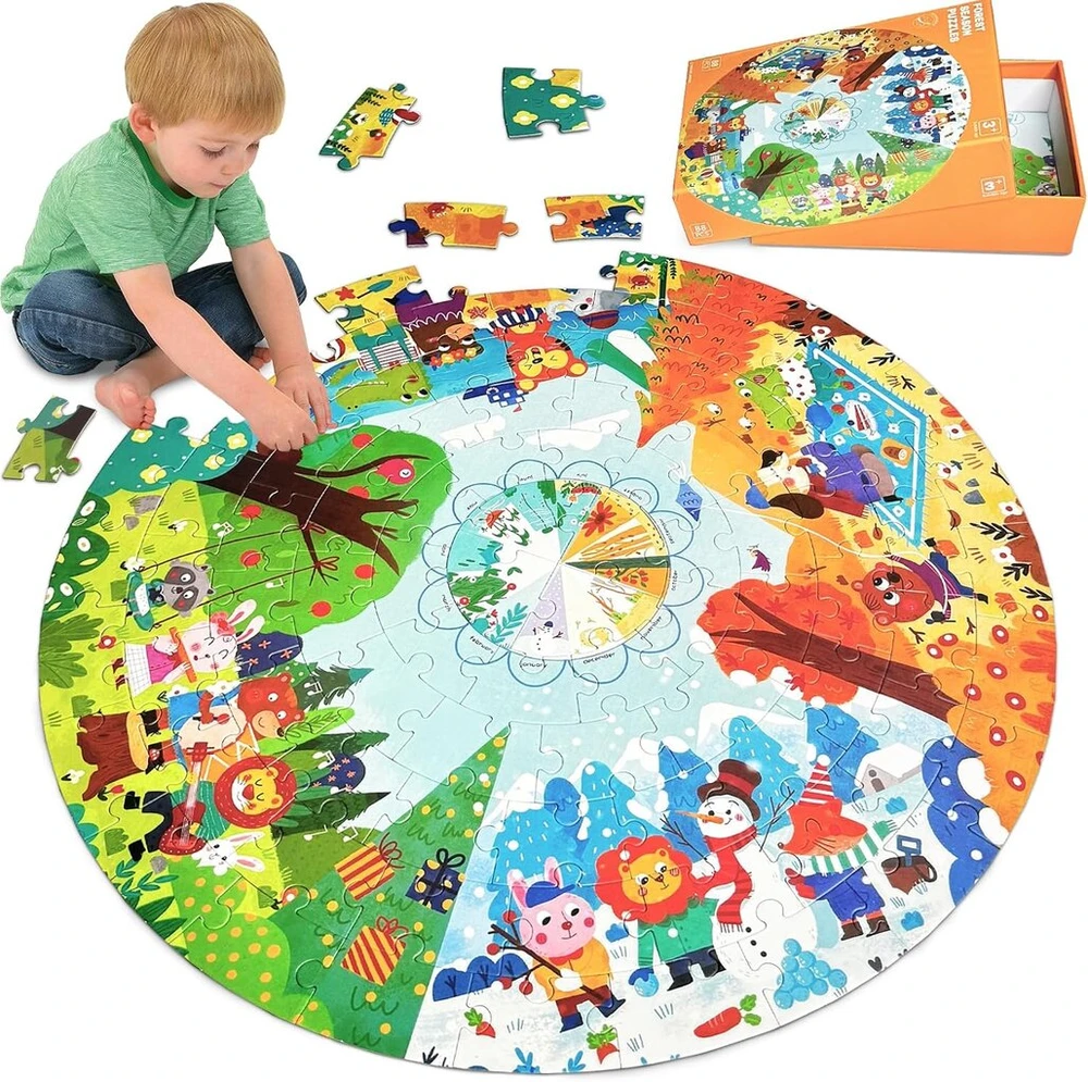 Kulveanju dėlionė vaikams nuo 4 5 6 metų, 88 dalių grindų dėlionė Four Seasons Forest Animal, didelė vaikiška dėlionė, apvali dėlionė berniukams ir mergaitėms 3-7 metų, dovana, 53 x 53 cm