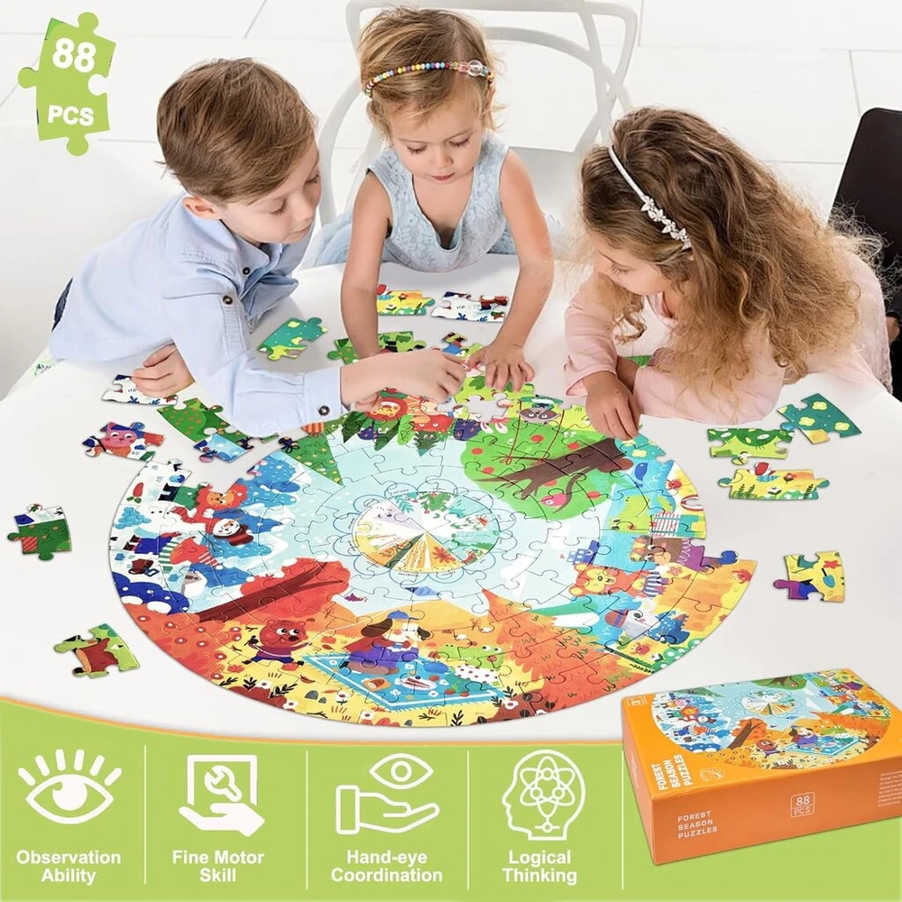 Kulveanju dėlionė vaikams nuo 4 5 6 metų, 88 dalių grindų dėlionė Four Seasons Forest Animal, didelė vaikiška dėlionė, apvali dėlionė berniukams ir mergaitėms 3-7 metų, dovana, 53 x 53 cm