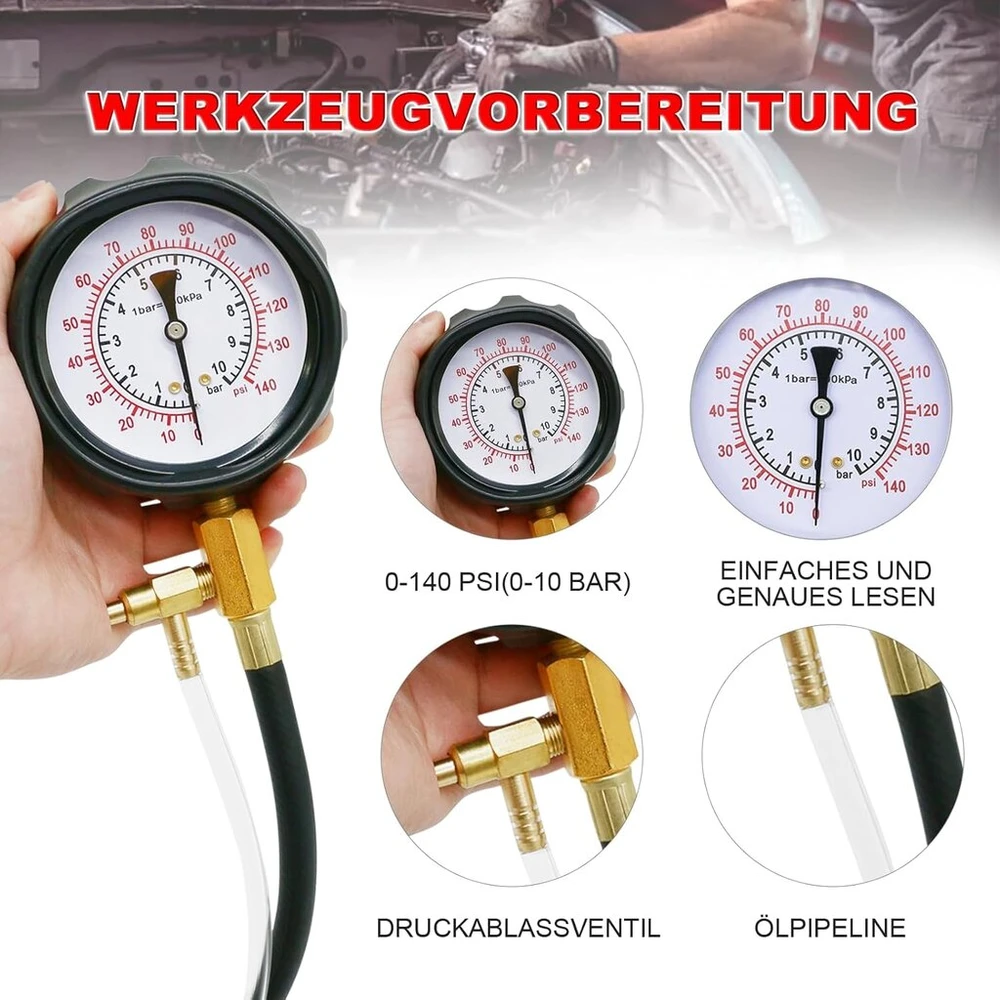 Kuro įpurškimo slėgio matuoklis su adapteriu ir slėgio matuokliu 0-140psi kuro siurblio slėgio testeris automobilių sunkvežimių motociklų diagnostikos įrankiai