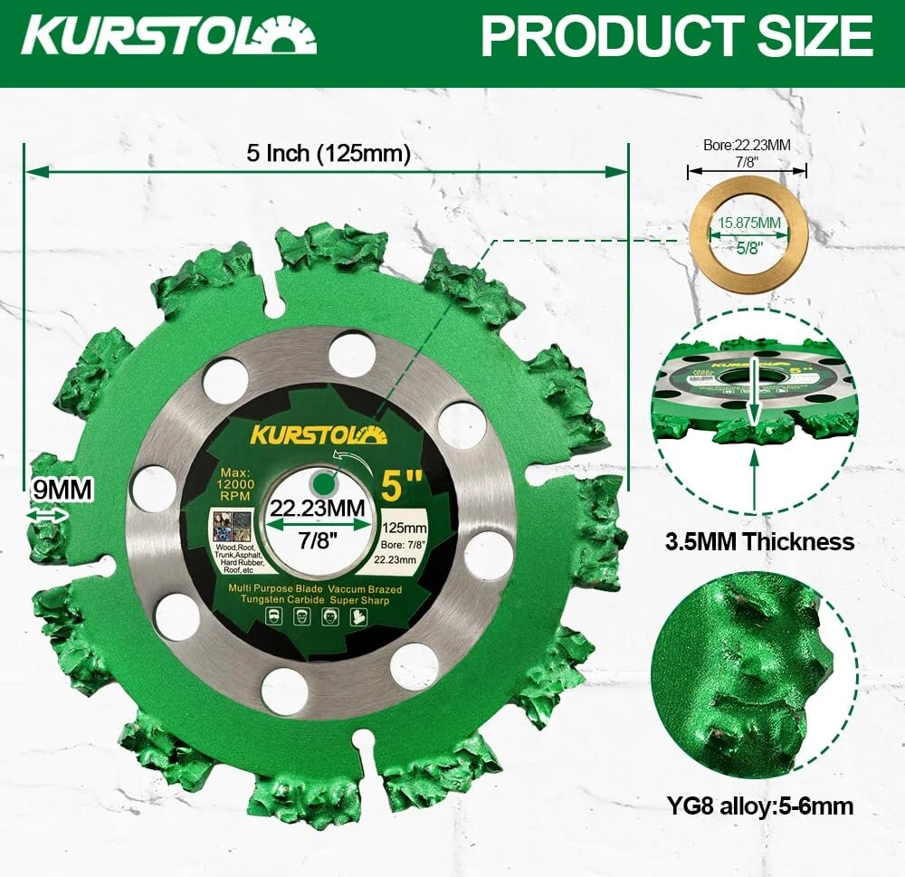 Kurstol Deimantinis pjovimo diskas šaknims, 125 mm x 22,23 mm, deimantinis pjovimo diskas medžių kamienams, medienos atliekoms, stogo plokštėms, kietai gumai, asfalto velenui, 22,23 mm
