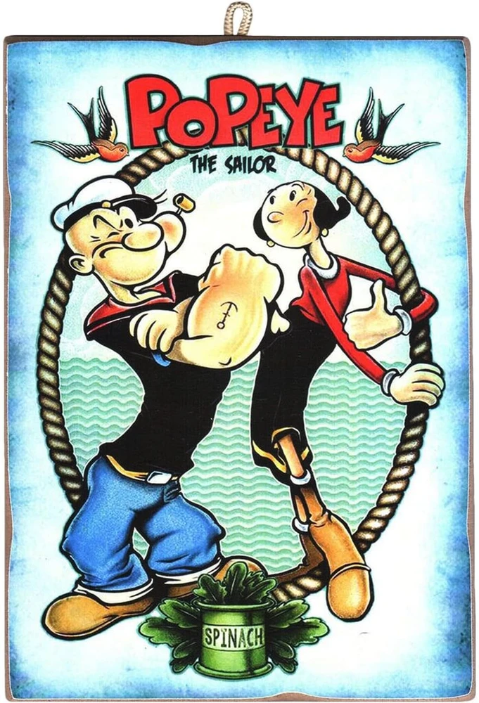 Plakatas Kustom Art Cucuba paveikslas ant medžio Popeye Low Iron The Sailor Man Vintage stiliaus animacinių filmų serija, 25 x 18 cm