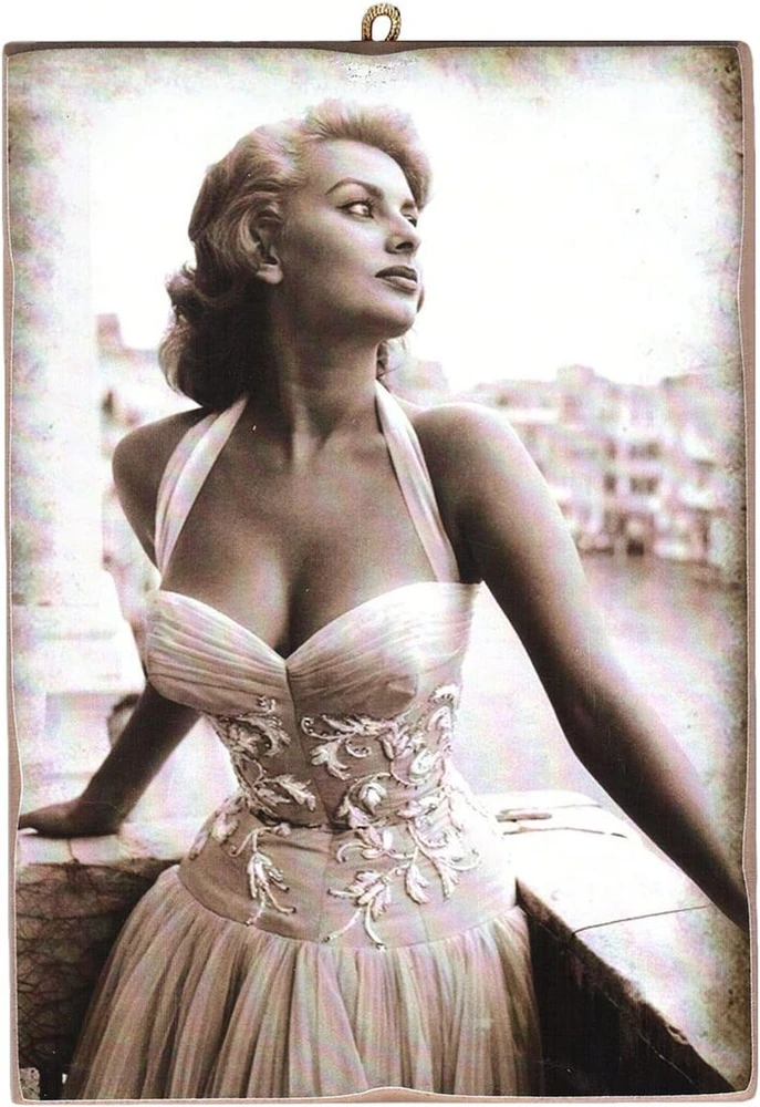 Plakatas Kustom Art Cucuba paveikslas vintažiniu stiliumi Sophia Loren Venecijoje kolekcijai, atspausdintas ant medžio, 18 x 25 cm