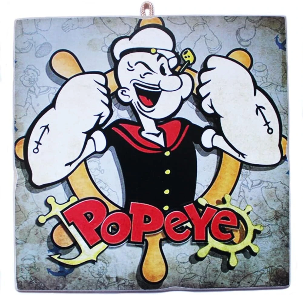 Plakatas Kustom Art Cucuba paveikslėlių serija vintažiniu stiliumi, animacinis filmas Popeye Iron Arm Steering Wheel atspaudas ant medžio, 23 x 23 cm