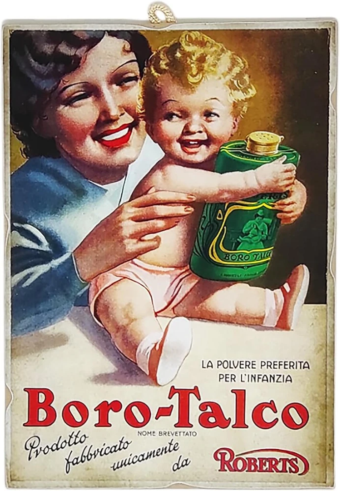 Plakatas Kustom Art paveikslų serija, reklaminis vintažinis retro Boro talko pudros atspaudas ant medžio, 25 x 18 cm