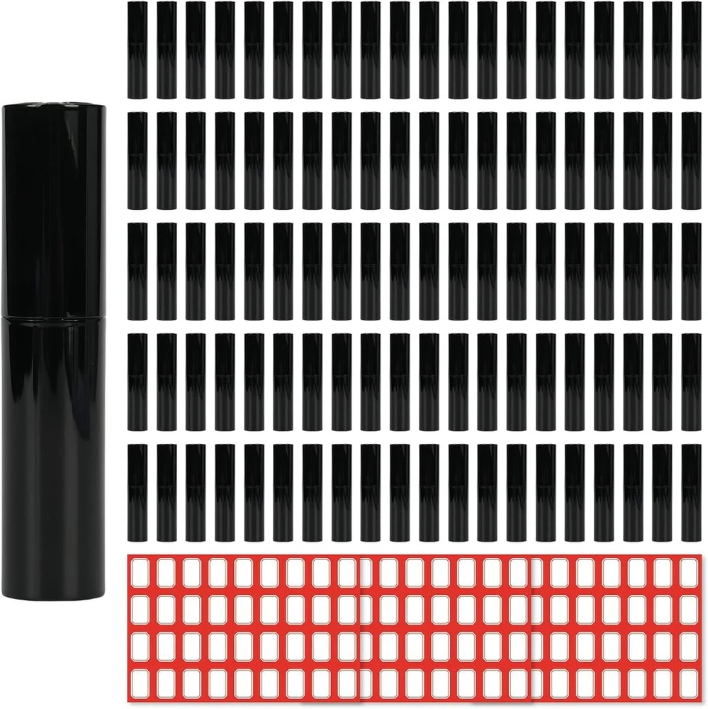Kvepalų atomizatorius, daugkartinio naudojimo, 100 vnt. pakuotė, 2 ml, kelioninis mini purškiamas buteliukas, kvepalų buteliukas, tuščias purškiamas buteliukas, mažas buteliukas, plastikinis purškiamas buteliukas su etikete, skirtas kelionėms (juodas)