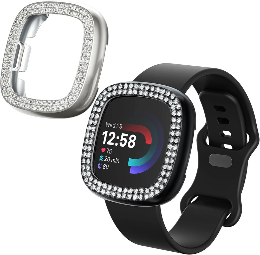 Kwmobile 2 x Plastikinis dėklas, suderinamas su Fitbit Versa 4 / Sense 2 apsauginiu rėmeliu - blizgučių apsaugos priedai, juodas / sidabrinis
