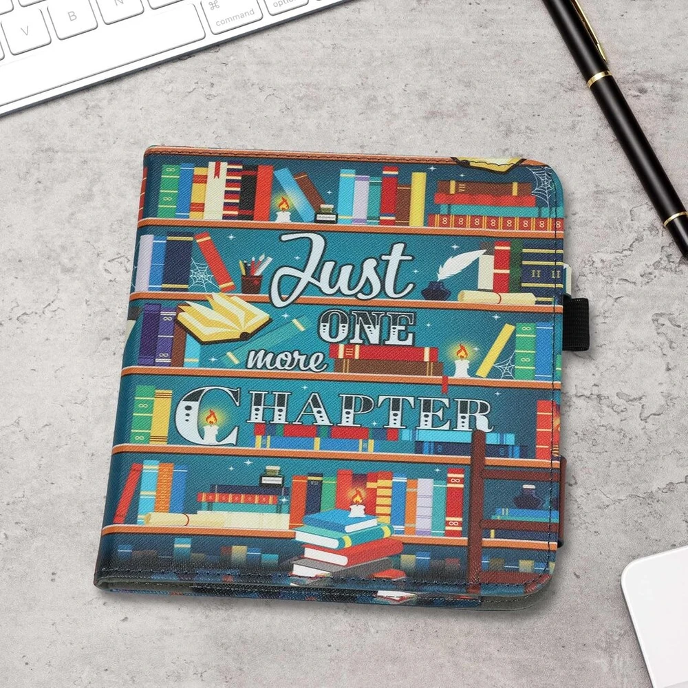 Kwmobile dėklas su atverčiamu dangteliu, skirtas Kobo Libra Colour/tolino Vision Colour - dėklas su riešo dirželiu, bibliotekos tema, įvairiaspalvis