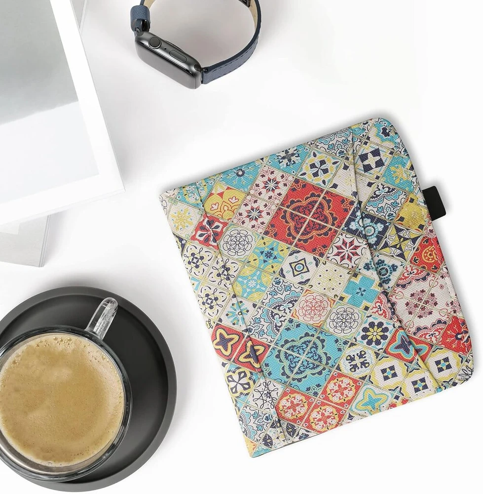 Kwmobile dėklas su atverčiamu dangteliu, skirtas pocketbook era/era colour - priekinis skyrius, rankos dirželis - medžio maroko plytelės, įvairiaspalvis rudas