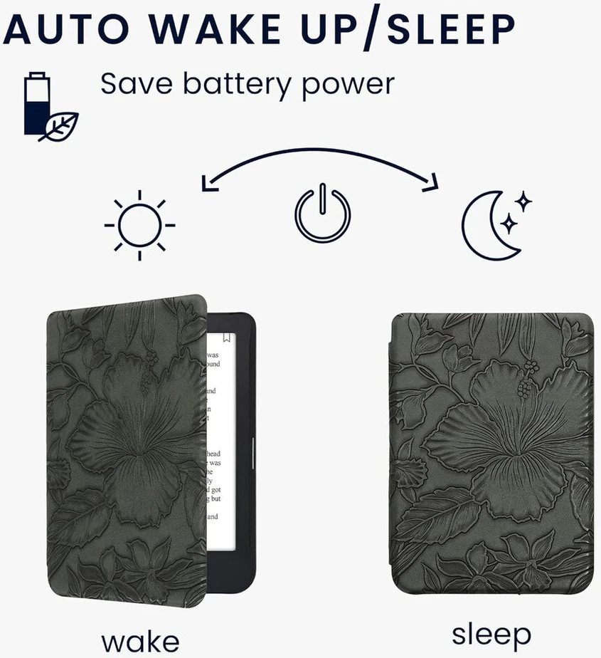 Kwmobile dėklas-vartomasis, skirtas kobo clara 2e / tolino shine 4 - Ereader dėklas - gėlės žaliame reljefe
