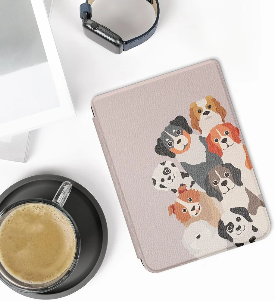 Kwmobile dėklas-vartomasis, skirtas kobo clara 2e / tolino shine 4 dėklui - el. skaityklės dėklas - funny dogs ruda baltas taupe