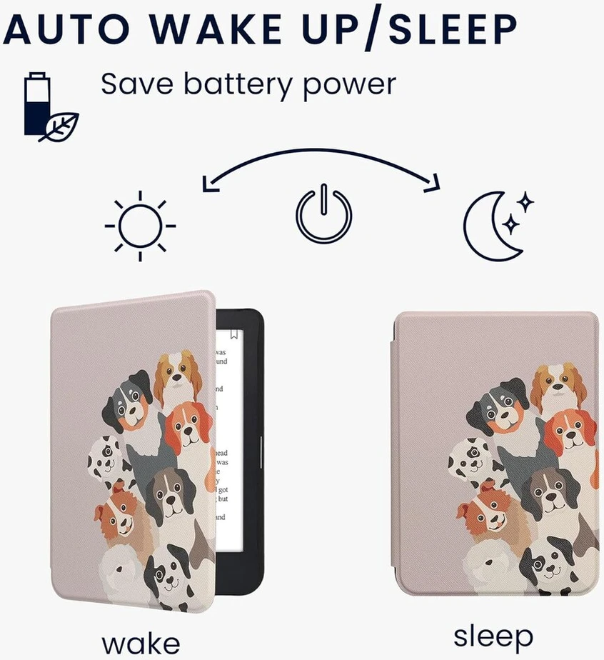 Kwmobile dėklas-vartomasis, skirtas kobo clara 2e / tolino shine 4 dėklui - el. skaityklės dėklas - funny dogs ruda baltas taupe