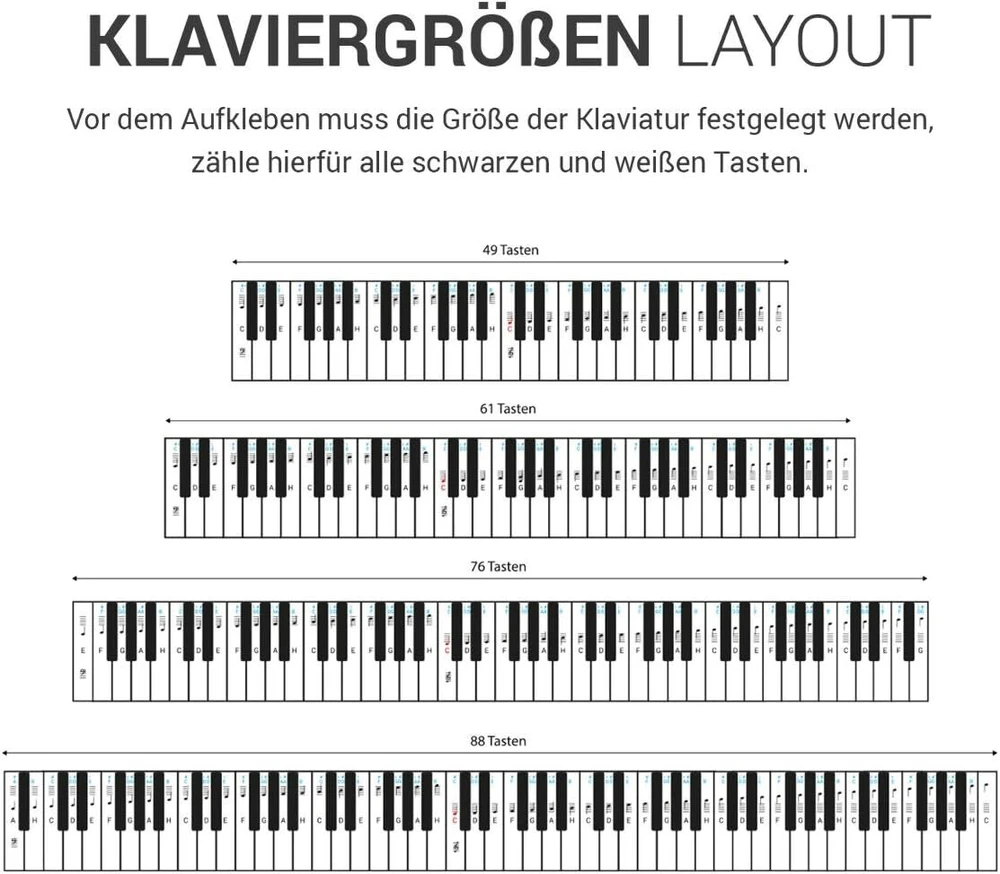 Kwmobile pianino klaviatūros natų lipdukas, skirtas 49 61 76 88 klavišų instrumentams, skaidrus vinilo pianino lipdukas baltiems klavišams su instrukcijomis (anglų kalba negarantuojama)