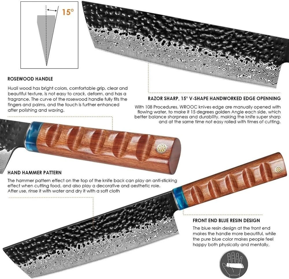 Kyushublade Nariki šefo peilis 18,5 cm, profesionalus virtuvinis peilis, pagamintas iš 67 sluoksnių kalto Damasko plieno, aštrus šefo peilis su ergonomiška rankena namams, restoranui