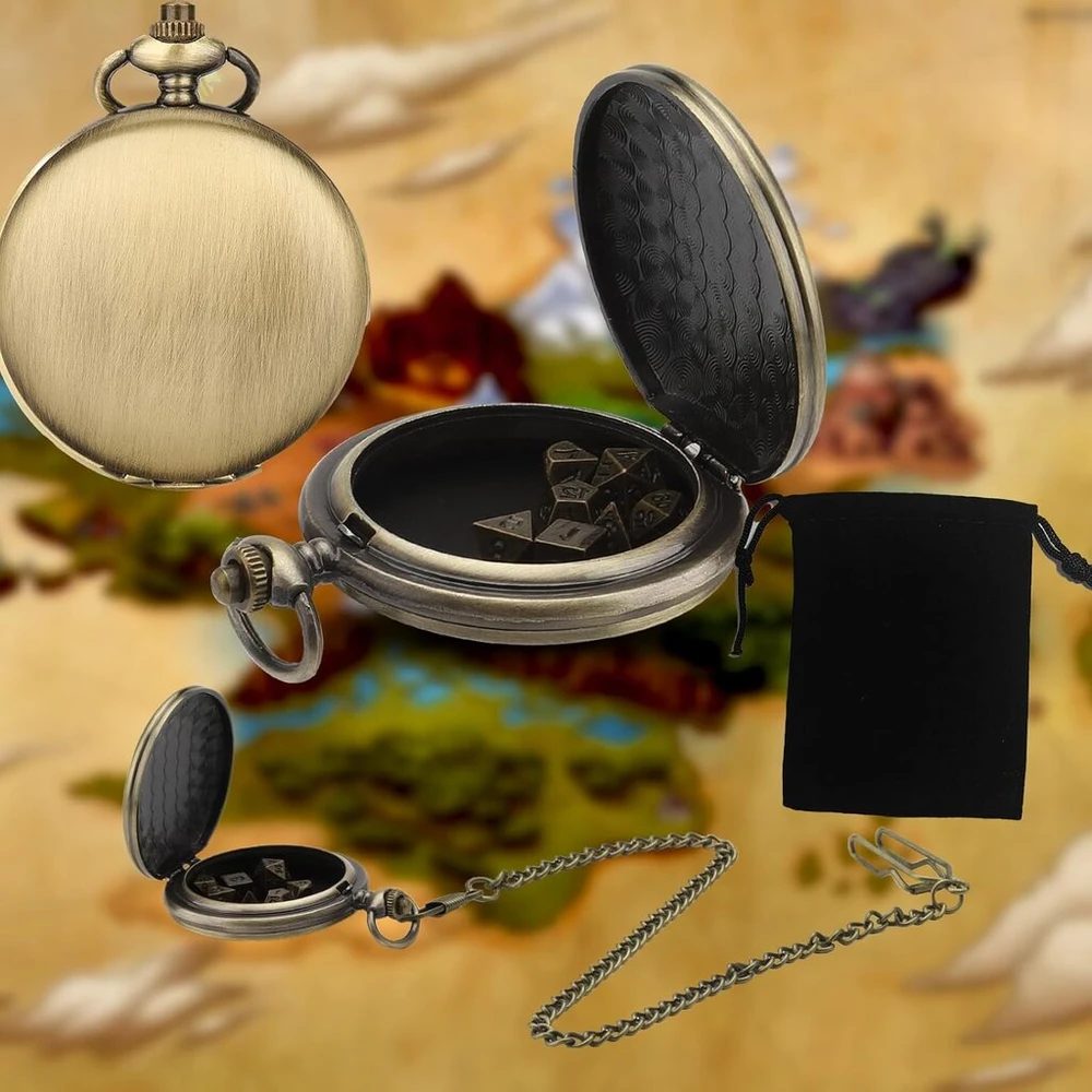 Kzxcvs mini dnd kauliukų rinkinys su bronziniu, glotniu kišeninio laikrodžio dėklu, 7 dalių poliedrinių metalinių d&d kauliukų rinkinys, d&d dovanos su vaidmenų žaidimo priedais