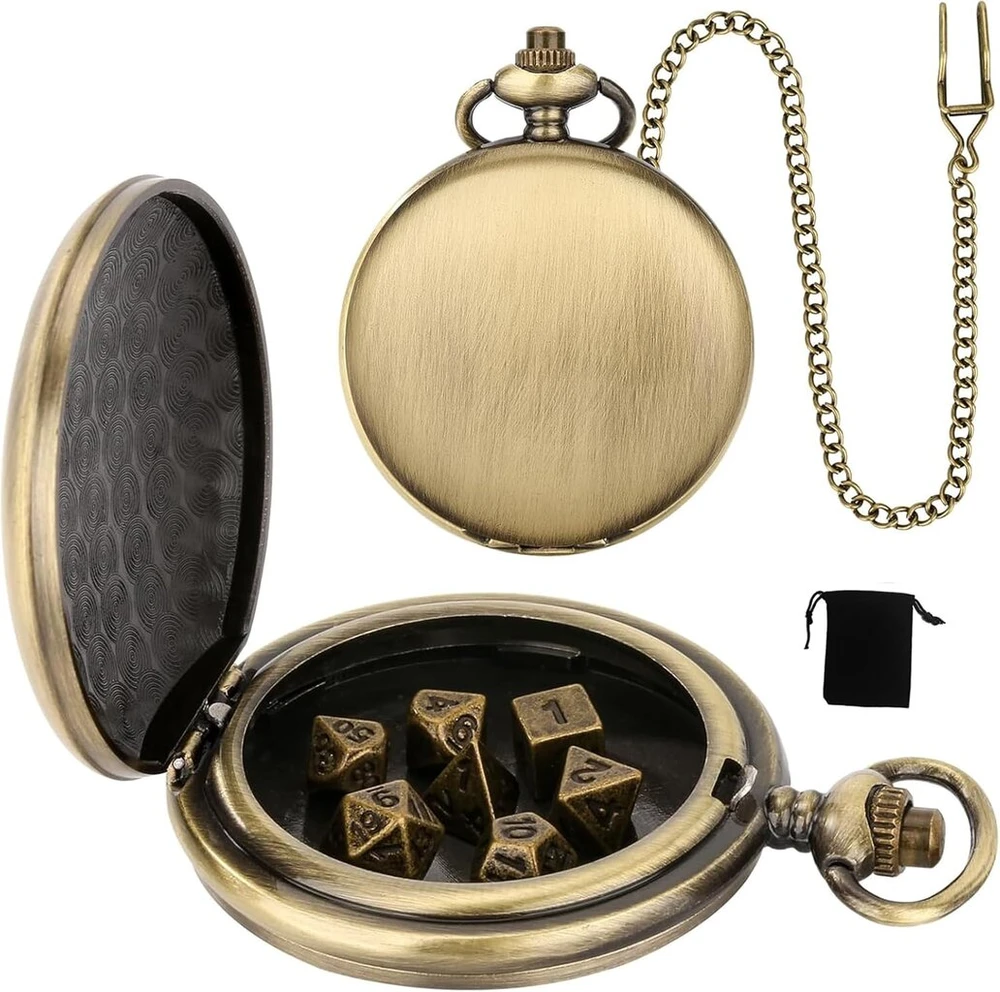 Kzxcvs mini dnd kauliukų rinkinys su bronziniu, glotniu kišeninio laikrodžio dėklu, 7 dalių poliedrinių metalinių d&d kauliukų rinkinys, d&d dovanos su vaidmenų žaidimo priedais