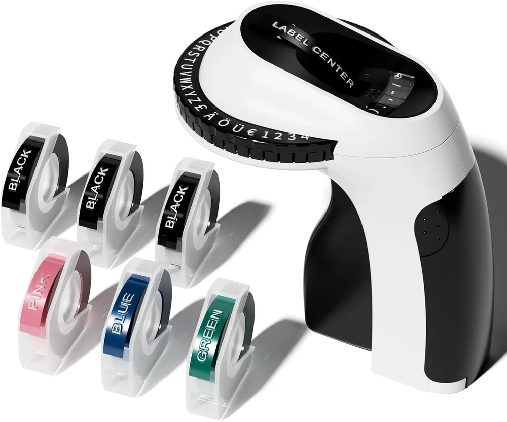 Labelcenter etikečių spausdinimo įrenginys, 3d etikečių spausdinimo įrenginys E975, nešiojamas etikečių reljefinis įrenginys su 6 etikečių juostelėmis, etikečių spausdintuvas su (£ € Ä Ö Ü), lengva naudoti namuose, biure (juodas)