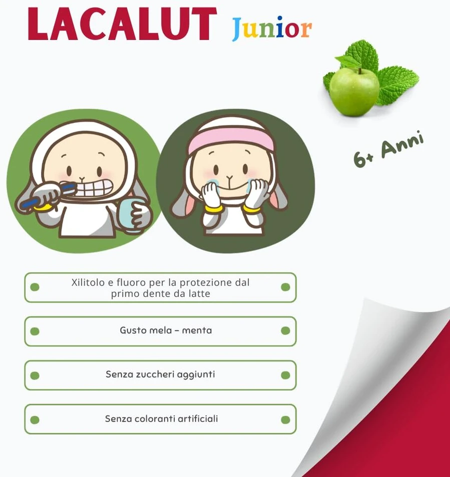 Lacalut Junior dantų pasta 6+ metų amžiaus kasdienei higienai, apsauga nuo karieso su fluoru ir ksilitoliu, obuolių ir mėtų skonio, 55 ml