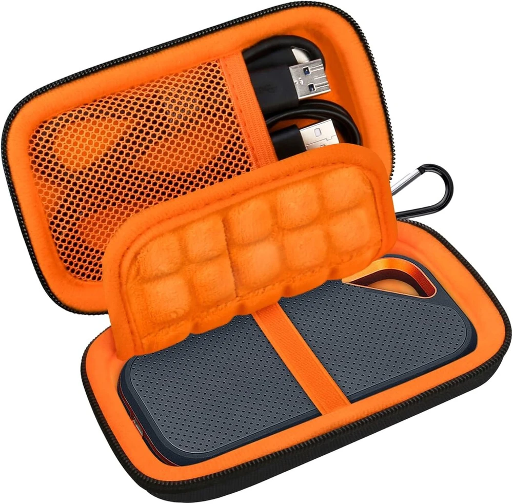 Lacdo išorinio kietojo disko dėklas, apsauginis dėklas, skirtas sandisk extreme pro/sandisk extreme portable išoriniam ssd sdssde81 sdssde80 500gb 1tb 2tb 4tb usb-c eva kelioniniam dėklui, juodas + oranžinis