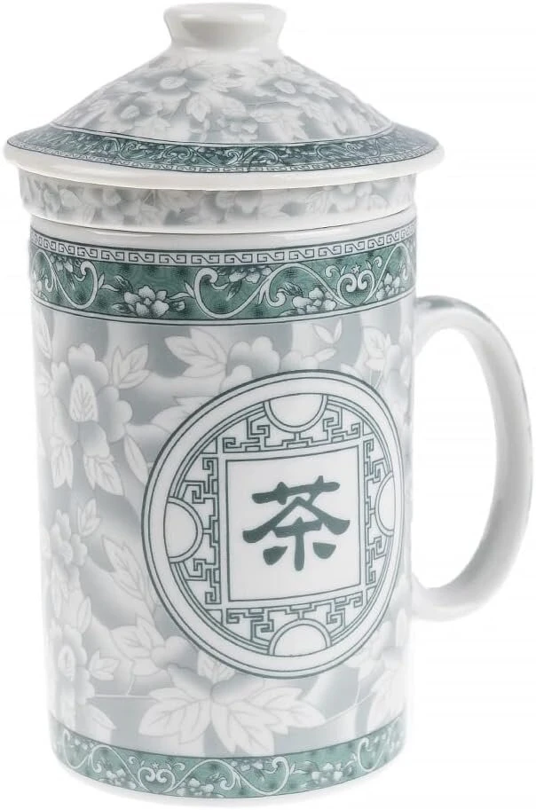 Lachineuse - kinietiškas puodelis "chinese Characters" - porcelianinis arbatos puodelis su sieteliu ir dangteliu - žalios ir baltos spalvos - tradiciniai kinietiški indai - azijietiška dovana