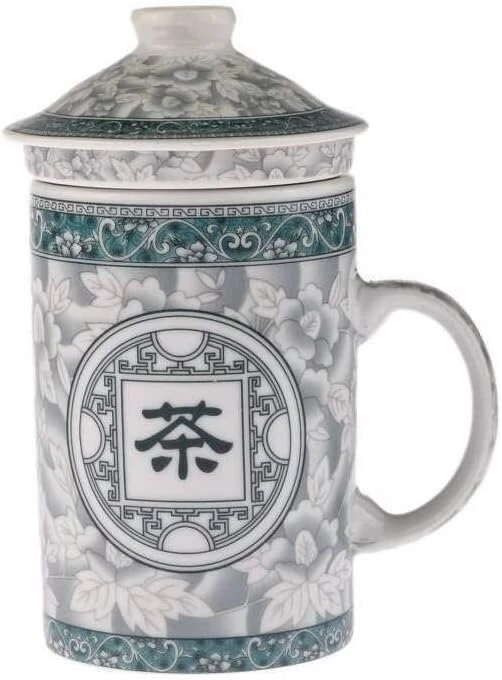 Lachineuse - kinietiškas puodelis "chinese Characters" - porcelianinis arbatos puodelis su sieteliu ir dangteliu - žalios ir baltos spalvos - tradiciniai kinietiški indai - azijietiška dovana