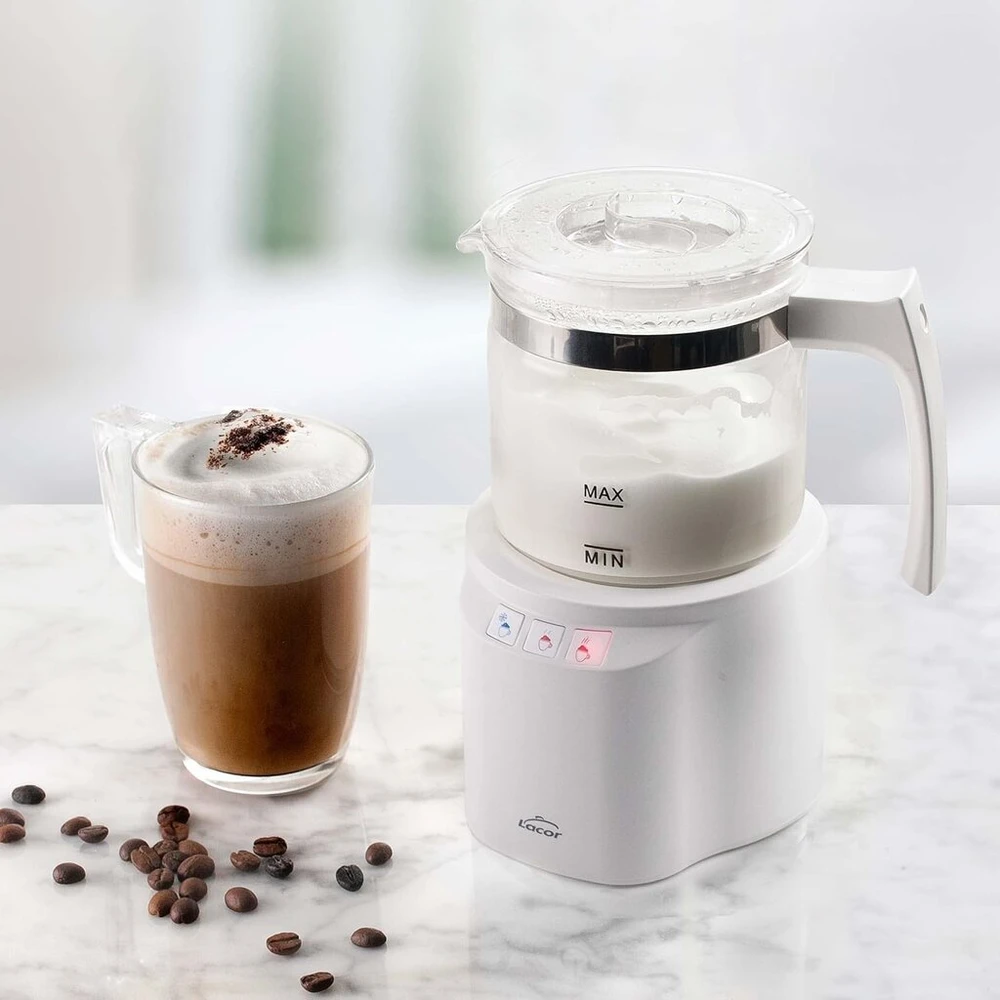 Kavos aparatas Lacor 69398 Mann 3-in-1 pieno putų plakiklis su indu, nerūdijančio plieno pagrindu, hermetišku dangteliu ir ergonomiška rankena, be Bpa, 250 ml, stiklas, baltas, įvairiaspalvis