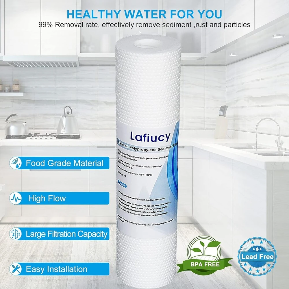 Lafiucy sedimentų vandens filtro kasetė 10 x 2,5 colio, 5 mikronų, 6 vnt., 10 x 2,5 colio viso namo sedimentų vandens filtro pakaitinė kasetė, suderinama su 10 colių ro įrenginiu