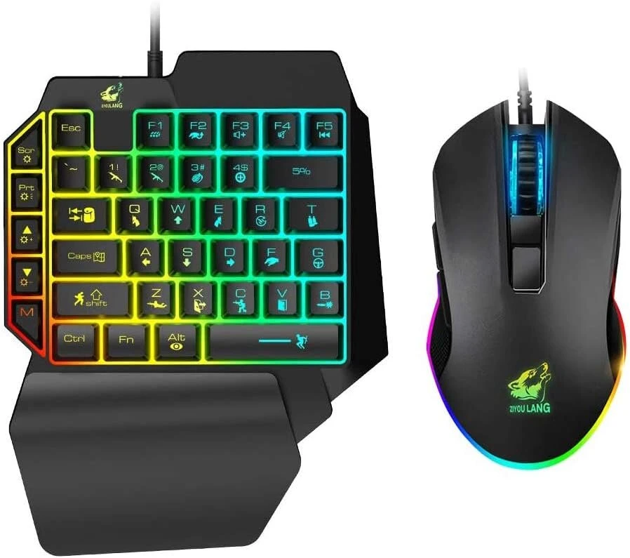 Laidinė žaidimų klaviatūros ir pelės kombinacija, 39 klavišų mechaninis pojūtis, vaivorykštės apšvietimas su riešo atrama, skirta Pc/XBOX/ps4 vienos rankos klaviatūra ir Rgb žaidimų pelė (juoda)