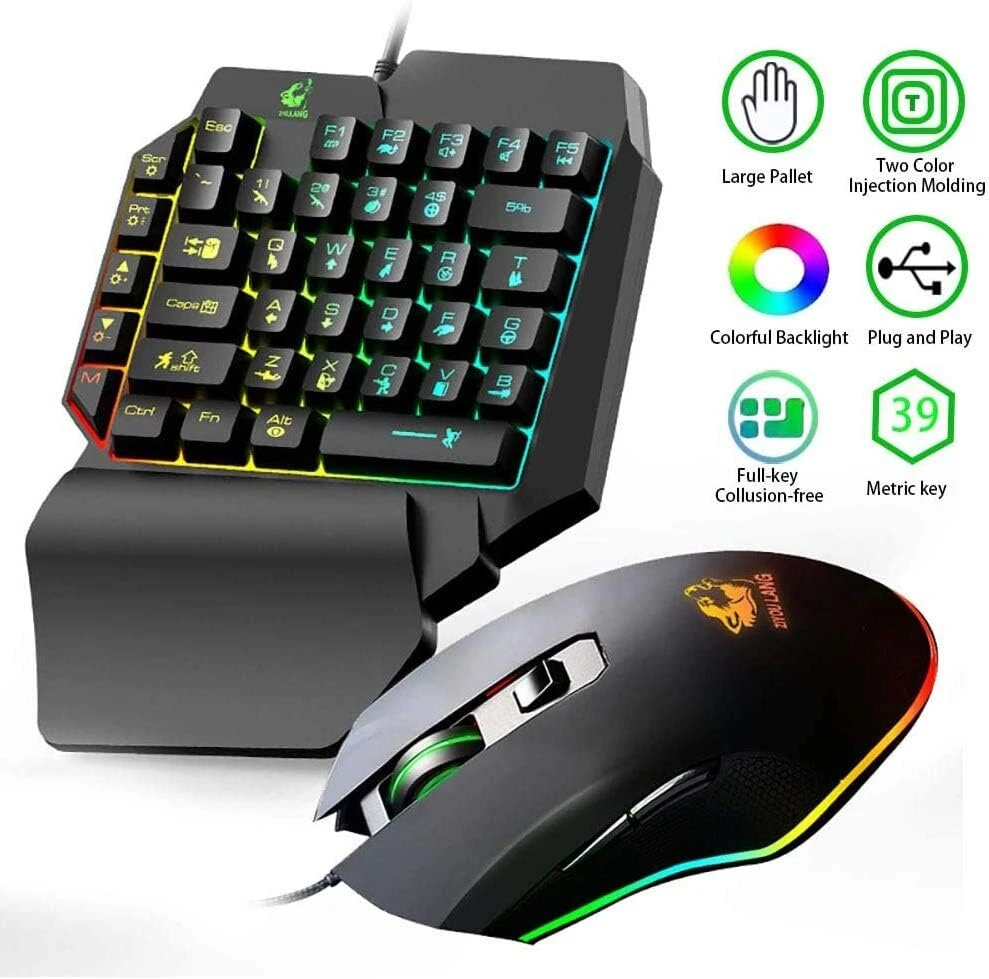 Laidinė žaidimų klaviatūros ir pelės kombinacija, 39 klavišų mechaninis pojūtis, vaivorykštės apšvietimas su riešo atrama, skirta Pc/XBOX/ps4 vienos rankos klaviatūra ir Rgb žaidimų pelė (juoda)
