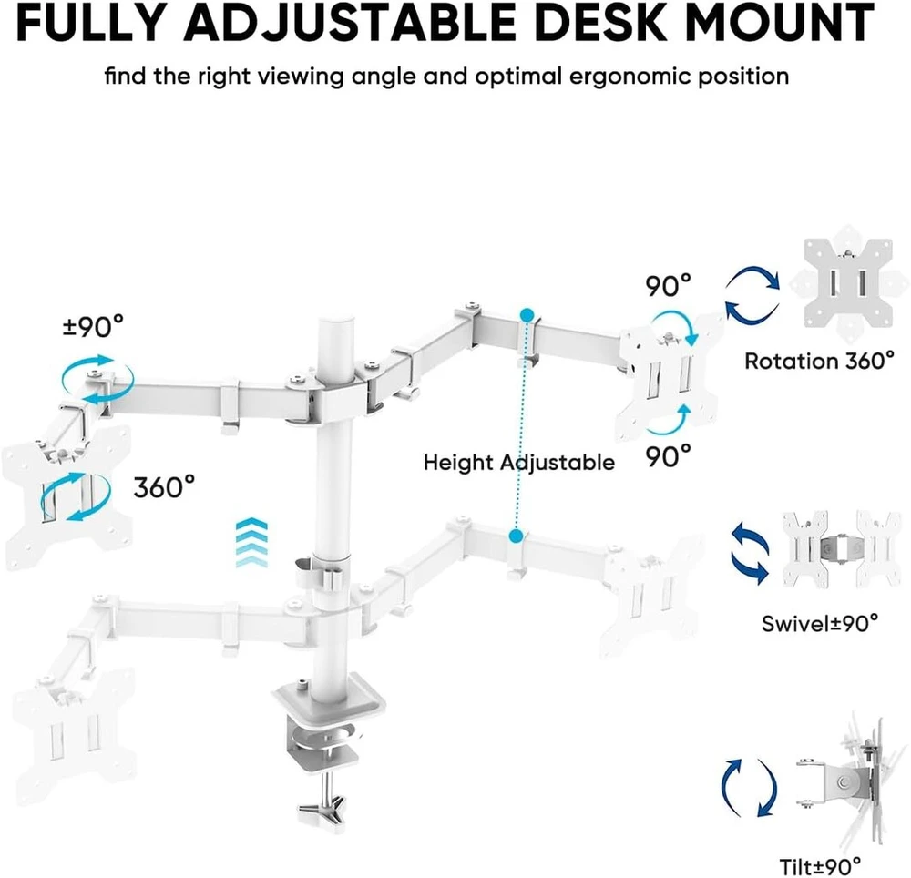 Laikiklis Forging mount ergonomiškas dvigubas monitoriaus stovas, skirtas 13–32 colių lcd led pc ekranams, skirtas stalo monitoriaus stovo laikikliui, reguliuojamas aukštis, pakreipimas 90°, pasukimas 180°, pasukimas 360°