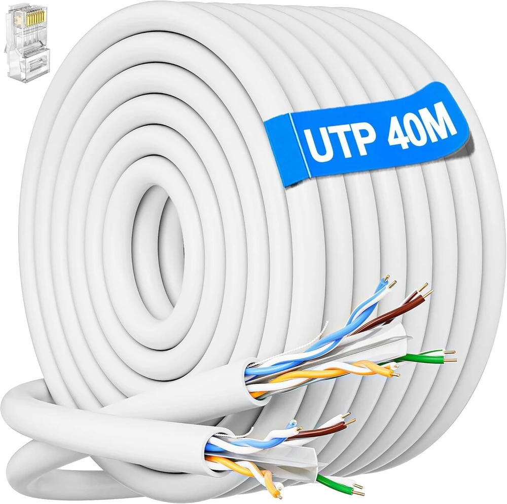 Lan kabelis, 40 metrų, cat 6, utp (neekranuota vytos poros) tinklo kabelis, klojimo kabelis, baltas, ilgas tinklo instaliacijos kabelis, patch kabelis, 40 m ethernet kabelis, utp 23awg rj45 gigabitinis interneto wifi