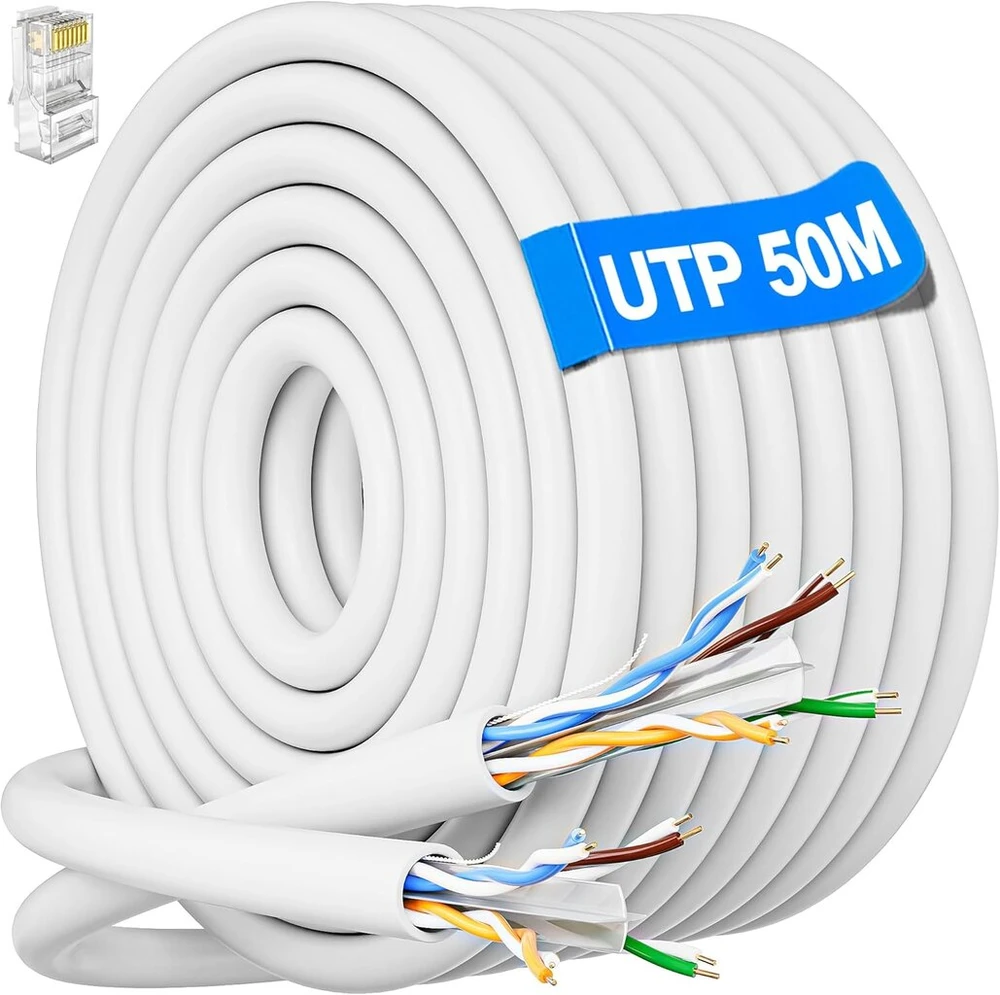 Lan kabelis, 50 metrų, cat 6, lauko tinklo kabelis, baltas ethernet kabelis, instaliacinis kabelis, neekranuota vytos poros, lauko instaliacinis kabelis, patch kabelis, 50 m, interneto kabelis, utp 23awg rj45