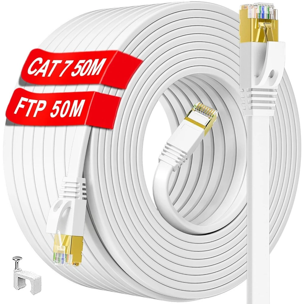 Lan kabelis 50 metrų, Cat 7 tinklo kabelis 50 m, skirtas naudoti lauke ir patalpose, didelės spartos plokščias ethernet kabelis 600mhz 10gbps, S/ftp baltas gigabitinis Rj45 interneto jungiamasis kabelis, atsparus vandeniui, skirtas maršrutizatoriui XBOX (