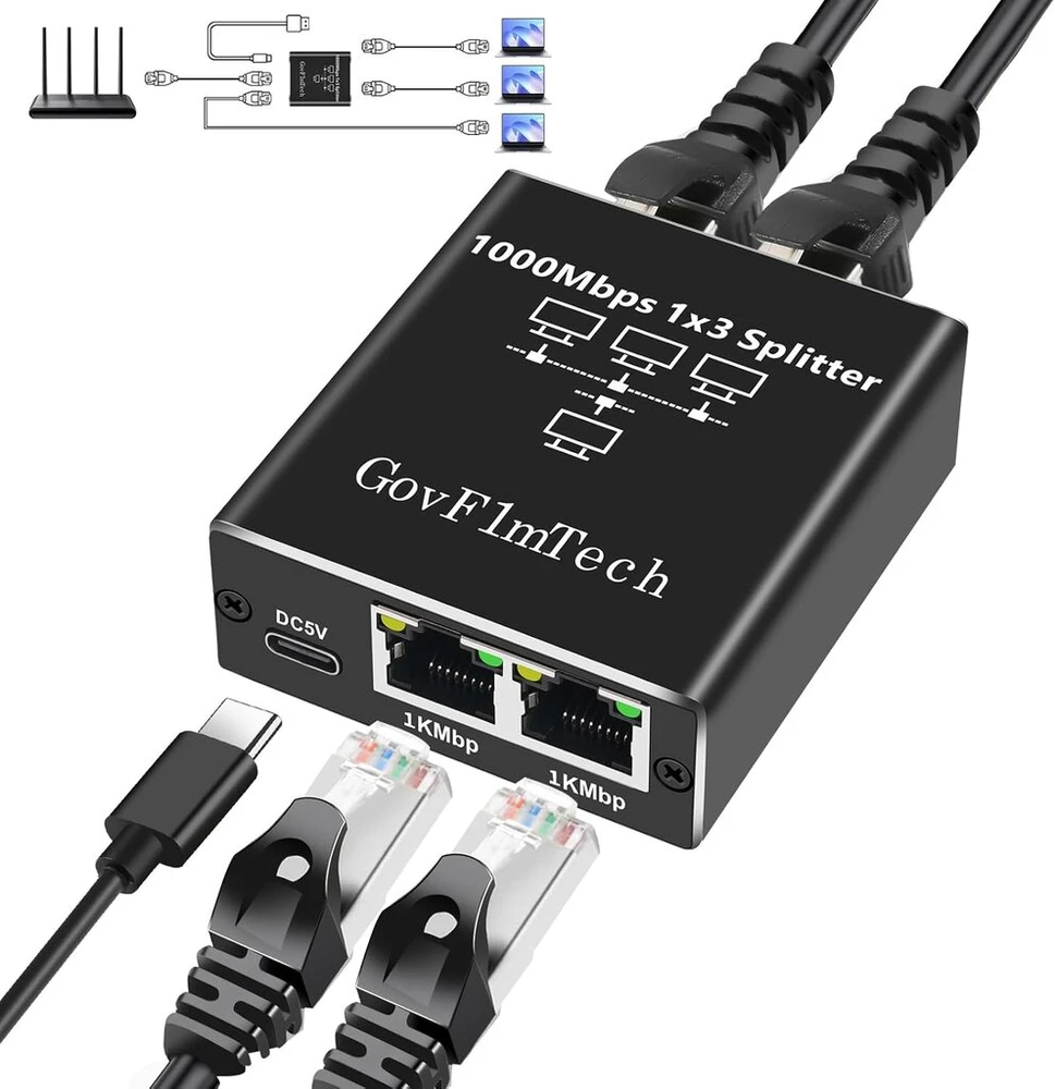 Šakotuvas Lan switch 3 portų, Govflmtech lan skirstytuvas 1 į 3 1000 mbps su usb c maitinimo kabeliu, gigabitinis lan skirstytuvas 1 į 3 kompiuteriui, switch'ui, maršrutizatoriui, apsaugos kamerai, skaitmeninei televizijai ir t.t.