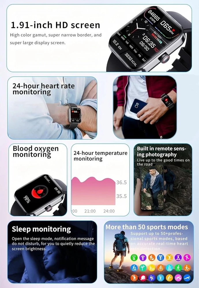 Lancoon išmanusis laikrodis vyrams ir moterims, 1,9 colio jutiklinis ekranas, integruotas, 24/7 širdies ritmo ir Spo2 monitorius, žingsniamatis, miego monitorius, fitneso apyrankė, skirta android ir ios (auksinis)