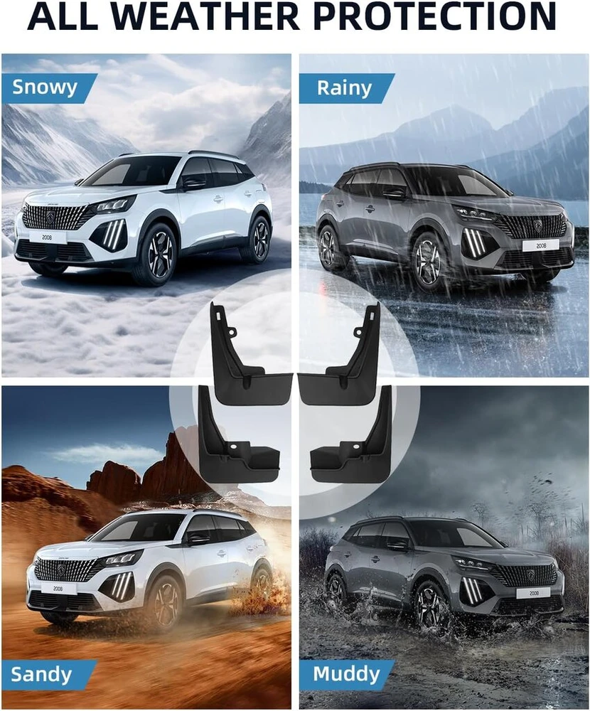 Langbean purvasaugiai, skirti peugeot 2008 e-2008 2025 2024 2023 2022 2021 2020, priekiniai ir galiniai purvo atvartai su tvirtinimo varžtais, visų oro sąlygų purvasaugiai, nereikia gręžti [4 vnt.]