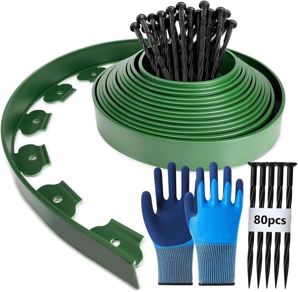Lankstus plastikinis vejos apvadas, 20 m (i) x 5 cm (a), vejos apvadas, gėlyno apvadas, su 80 įžeminimo inkarų + 1 pora pirštinių (žalias)