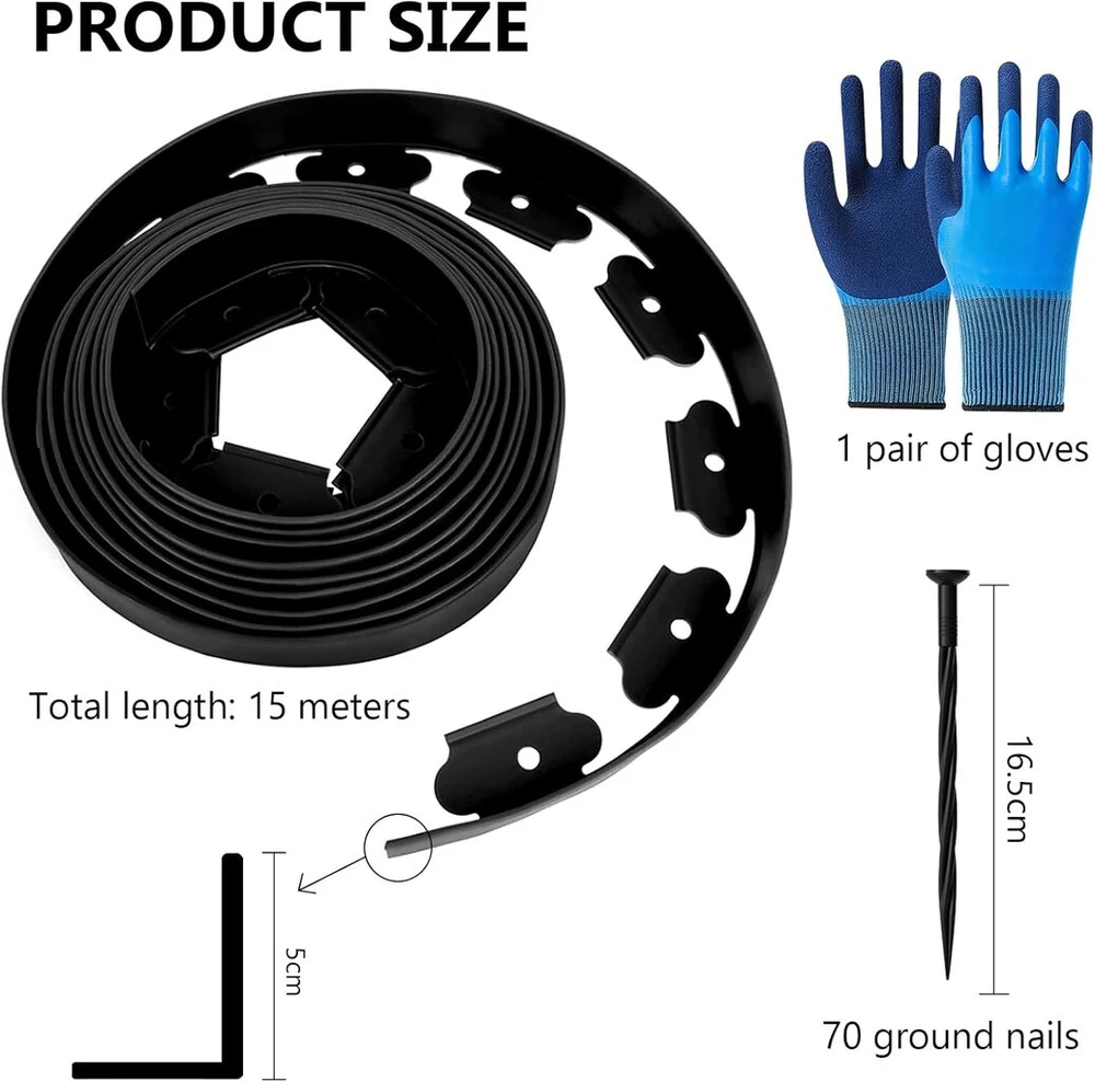 Lankstus plastikinis vejos apvadas, ilgis 15 m, aukštis 5 cm, su 70 įžeminimo inkarų + 1 pora pirštinių, juodas