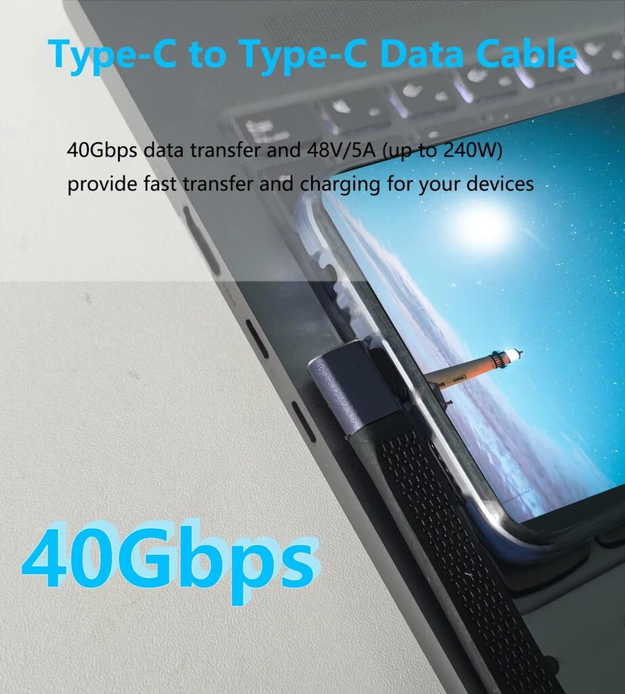Lanminglel 240 W Usb 4.0 C Pd greito įkrovimo trumpas kabelis, 40 Gbps Usb C duomenų kabelis trumpas, 90° kampo Usb Type C plokščias kabelis, 8k @ 60hz vaizdo perdavimas, skirtas išmaniajam telefonui, Power Bank, nešiojamam kompiuteriui, planšetiniam komp