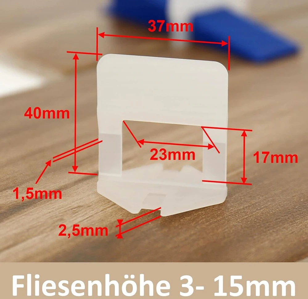 Lantelme plytelių lyginimo sistema, 1000 vnt. traukimo skirtukų, 1,5 mm siūlės plotis, plytelių aukštis 3–15 mm, pagalba klojant plyteles, 6948
