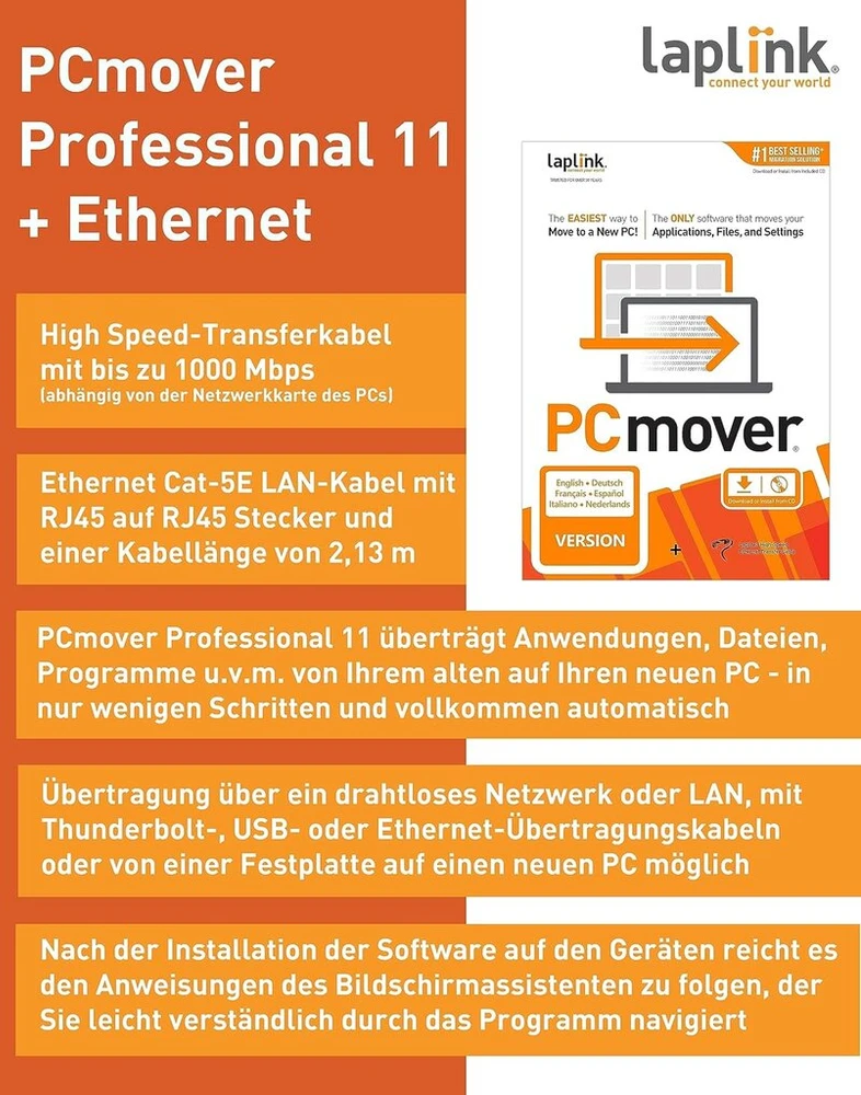 Laplink Pcmover Professional 11 – migracijos programinė įranga, skirta failams, aplankams ir programoms, 1 gbps didelės spartos eterneto kabelis, automatinis, 1x naudojimas