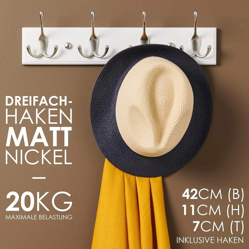 Larhn baltas pakabinamas rūbų kabykla su 4 kabliukais matiniu nikeliu, 42 cm sieninė kabykla prieškambariui, spintai, miegamajam ir vonios kambariui