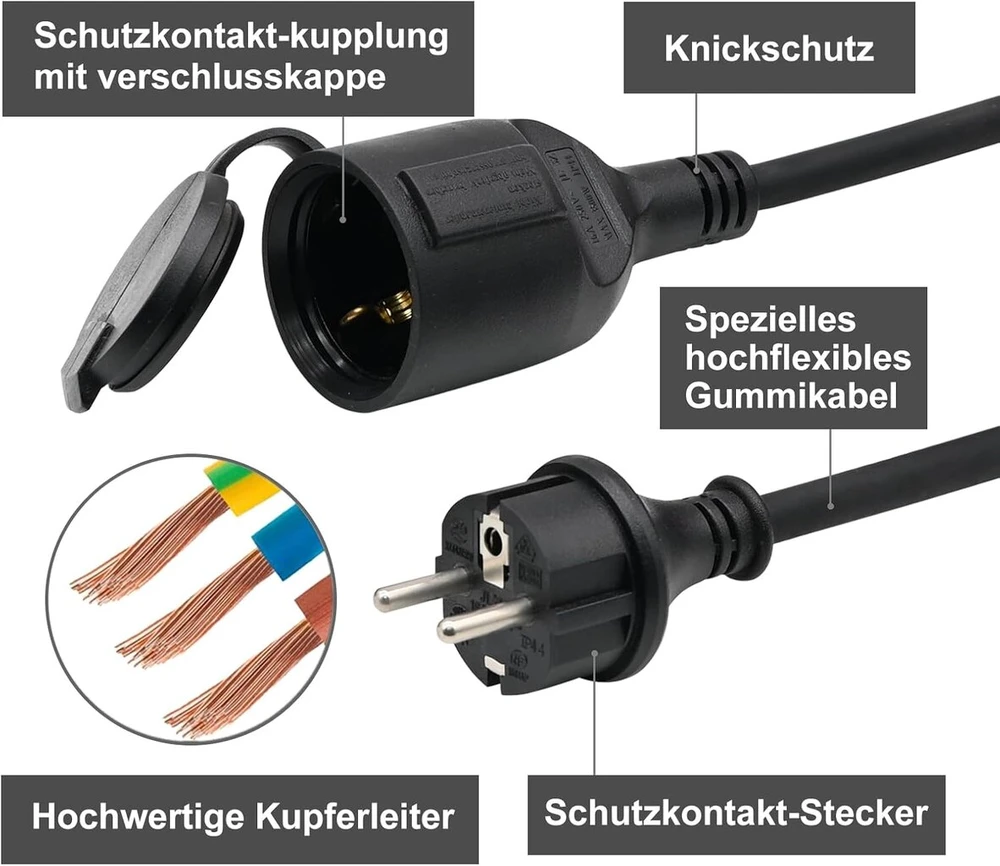 Lauko ilgintuvas 2 m, skirtas naudoti lauke, guminis maitinimo ilgintuvas su schuko kištuku, ip44 ilgintuvas, h07rn-f 3g 1.5 mm² kabelis, su apsauginiu dangteliu, 3500 w, 16 a 250 v, juodas