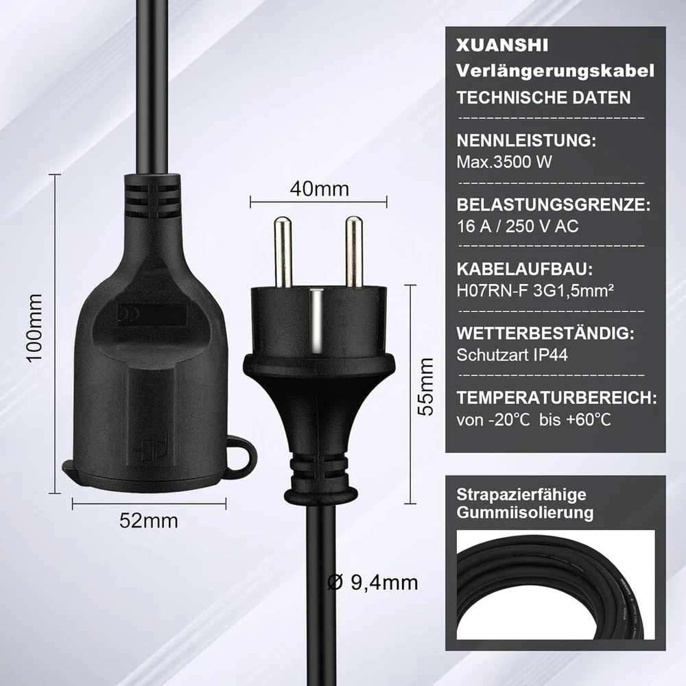 Lauko ilgintuvas 2 m, skirtas naudoti lauke, guminis maitinimo ilgintuvas su schuko kištuku, ip44 ilgintuvas, h07rn-f 3g 1.5 mm² kabelis, su apsauginiu dangteliu, 3500 w, 16 a 250 v, juodas