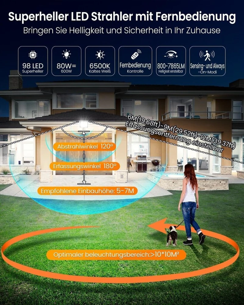 Lauko LED prožektorius su judesio davikliu Meikee, 80 W, 7865 lm, IP66