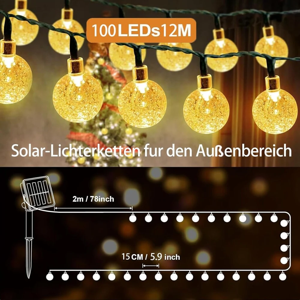 Lauko saulės energija įkraunamos girliandos, 12 m, 100 Led lauko girliandų, lauko saulės energija įkraunamos girliandos, Ip65 atsparios vandeniui, 8 režimai, lauko girliandos, balkonų dekoravimui, Kalėdoms, vakarėliams, sodo dekoravimui, medžiams