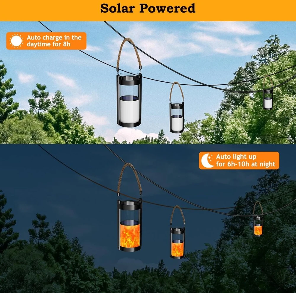 Lauko saulės energijos šviestuvai 2 vnt. (pakabinami, stiklas ir džiuto virvė)