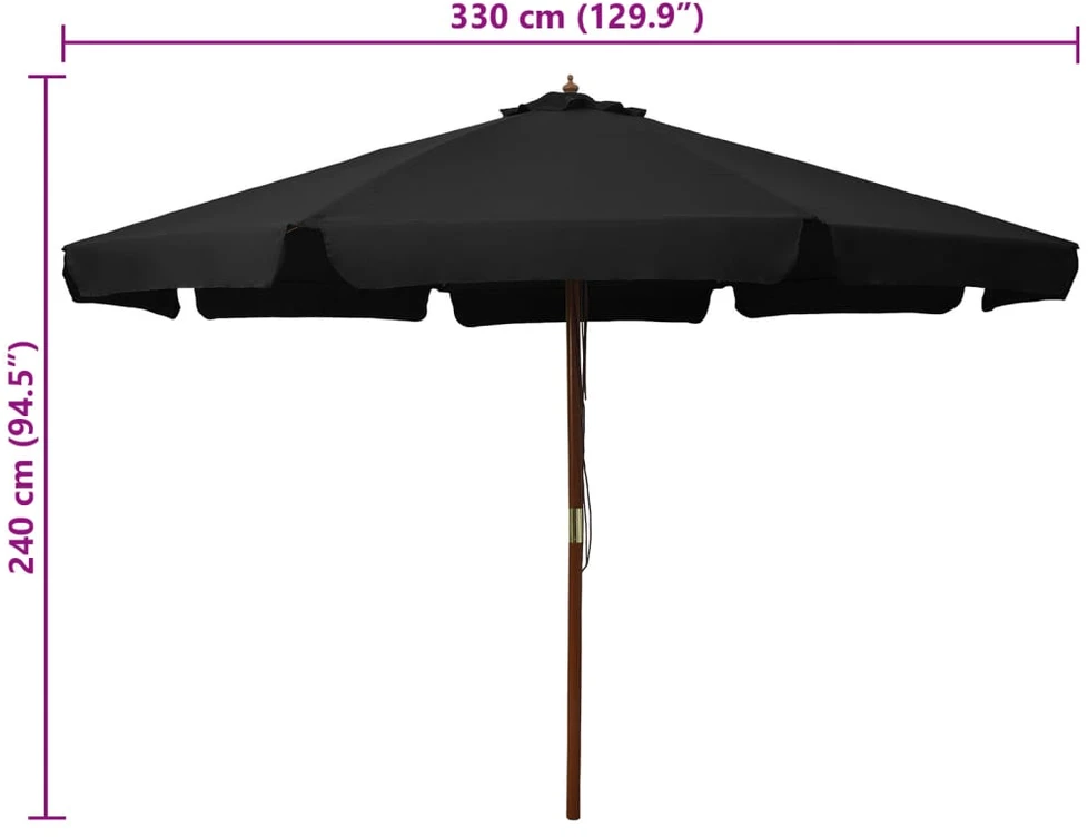 Lauko skėtis nuo saulės su mediniu stulpu, juodas, 330cm
