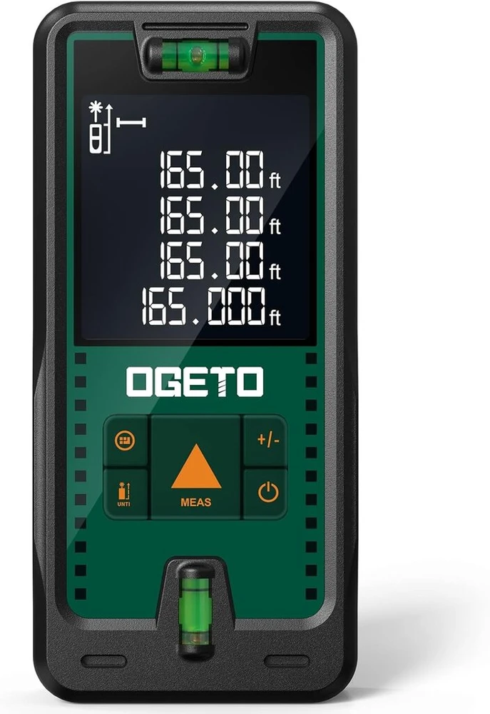 Lazerinis tolimatis matuoklis, Ogeto lazerinis tolimatis matuoklis su lcd apšvietimu, 99 duomenų rinkiniai, m/in/ft, pitagoro/atstumo/ploto/tūrio matavimai (2 x aaa baterijos, ip54)
